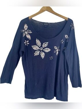 Lucky Brand Dolman Tee Top Sz L Mother Of Pearl “sequin” Flowers Navy Boho